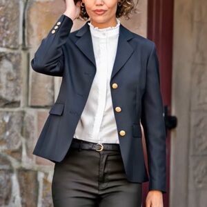 Elizabeth by Liz Claiborne Classic Navy Wool Single Breasted Gold Button Blazer.